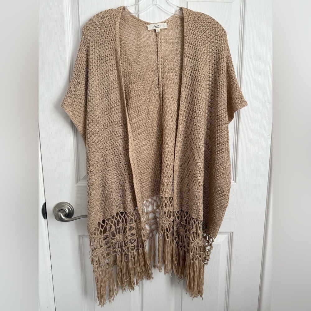 Love Tree Beige Open-Front poncho with Fringe